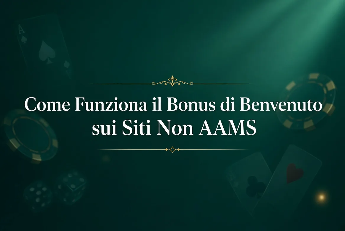 Titolo su sfondo verde con carte, fiches e dadi: come funziona il bonus di benvenuto sui siti non AAMS