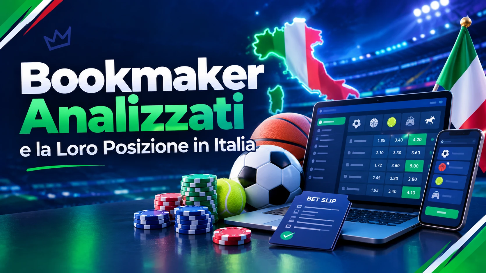 I bookmaker esteri analizzati e la loro posizione legale in Italia, con quote sportive su calcio, basket e tennis su laptop e smartphone