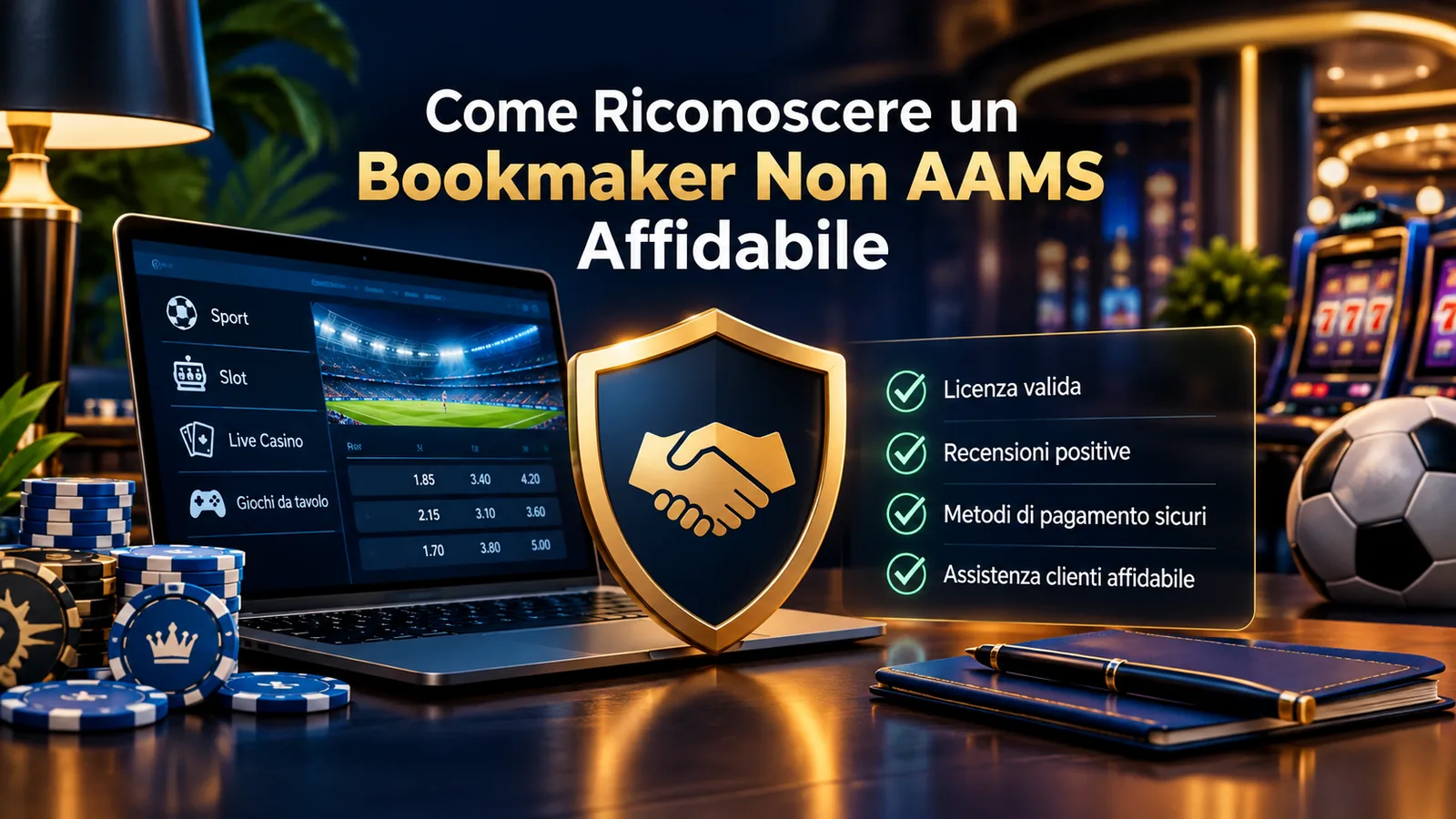 Scudo con stretta di mano e checklist per riconoscere un bookmaker non AAMS affidabile: licenza valida, recensioni, metodi di pagamento sicuri e assistenza clienti