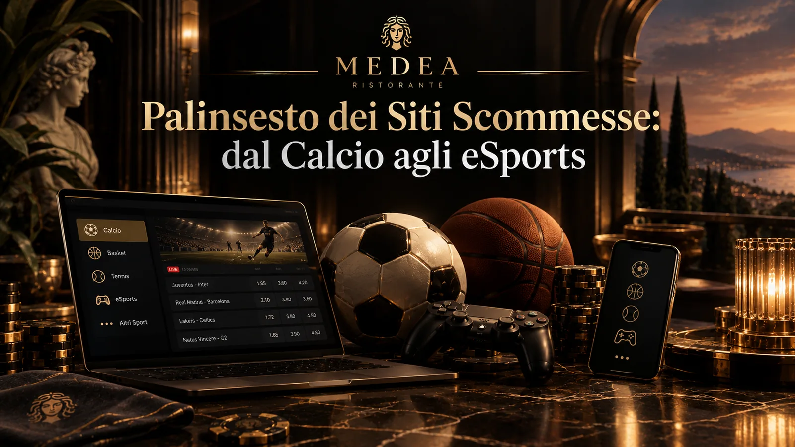 Palinsesto dei siti scommesse su laptop e smartphone con calcio, basket, tennis ed eSports, accanto a un pallone, un pallone da basket e un controller