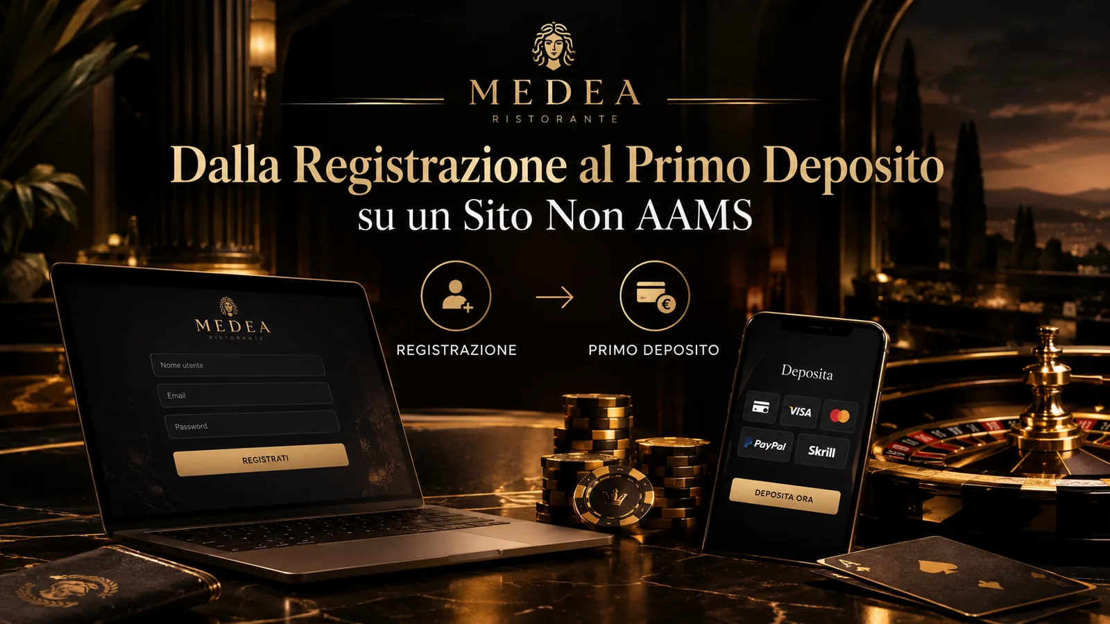 Dalla registrazione al primo deposito su un sito non AAMS: modulo di iscrizione su laptop e schermata di deposito con carta, PayPal e Skrill su smartphone
