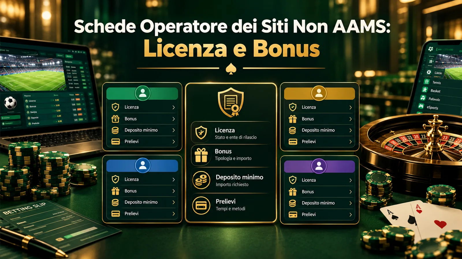 Schede operatore dei siti non AAMS con i quattro campi analizzati per ogni marchio: licenza, bonus, deposito minimo e prelievi