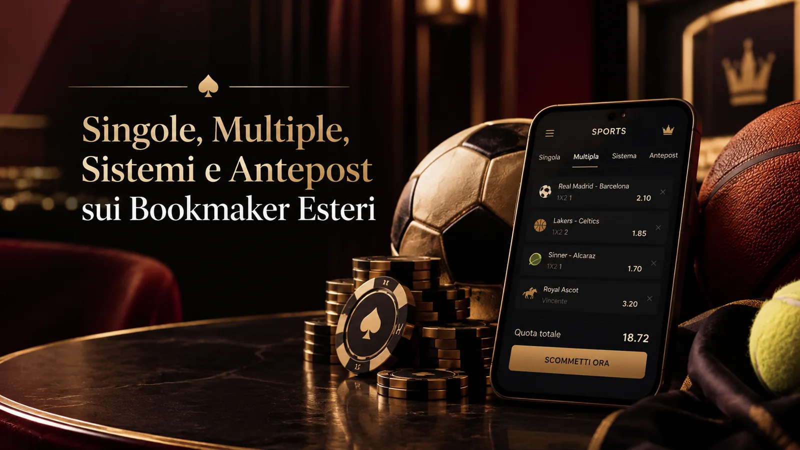 Schedina multipla su smartphone con quattro selezioni tra calcio, basket, tennis e ippica e quota totale 18,72, con le schede singola, multipla, sistema e antepost