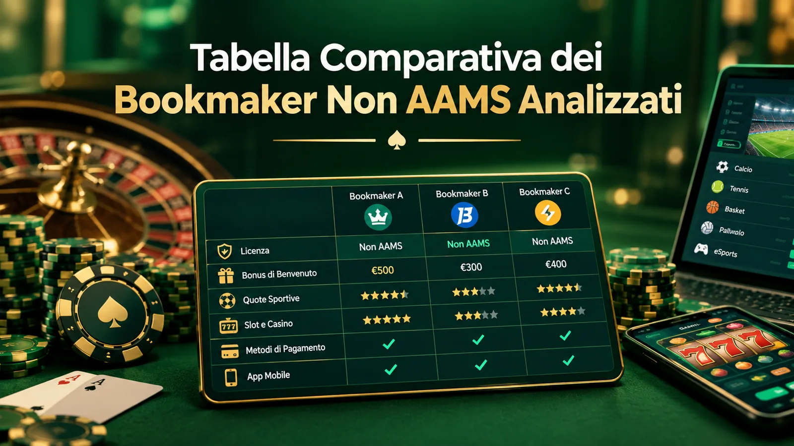 Illustrazione di una tabella comparativa tra bookmaker non AAMS con licenza, bonus di benvenuto, quote sportive, slot, metodi di pagamento e app mobile