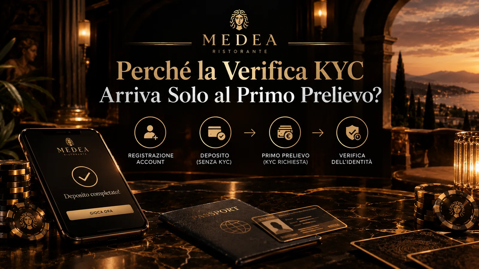 Le quattro fasi della verifica KYC: registrazione, deposito senza documenti, richiesta al primo prelievo e verifica dell'identità con passaporto e carta d'identità