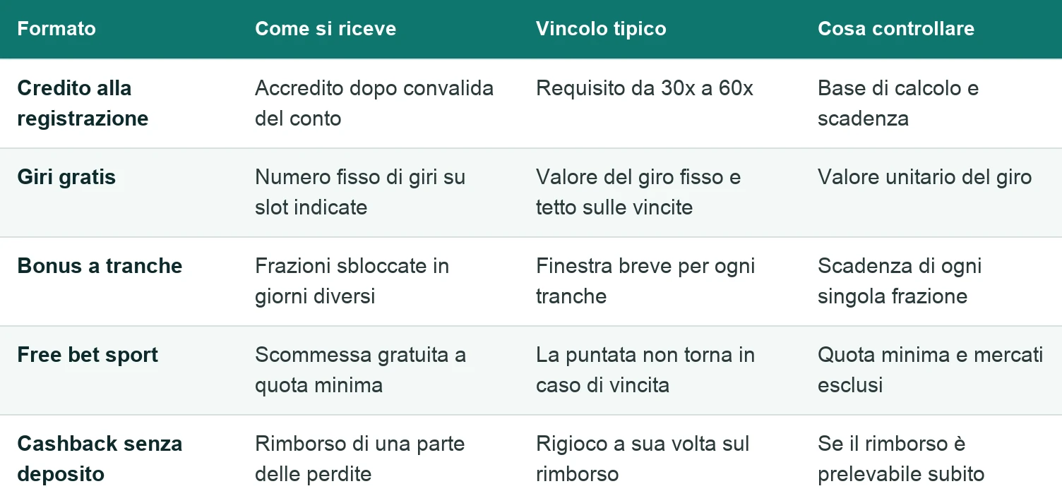 Tabella dei formati di bonus senza deposito: credito alla registrazione, giri gratis, bonus a tranche, free bet sport e cashback, con modalità di accredito, vincolo tipico e punto da controllare.